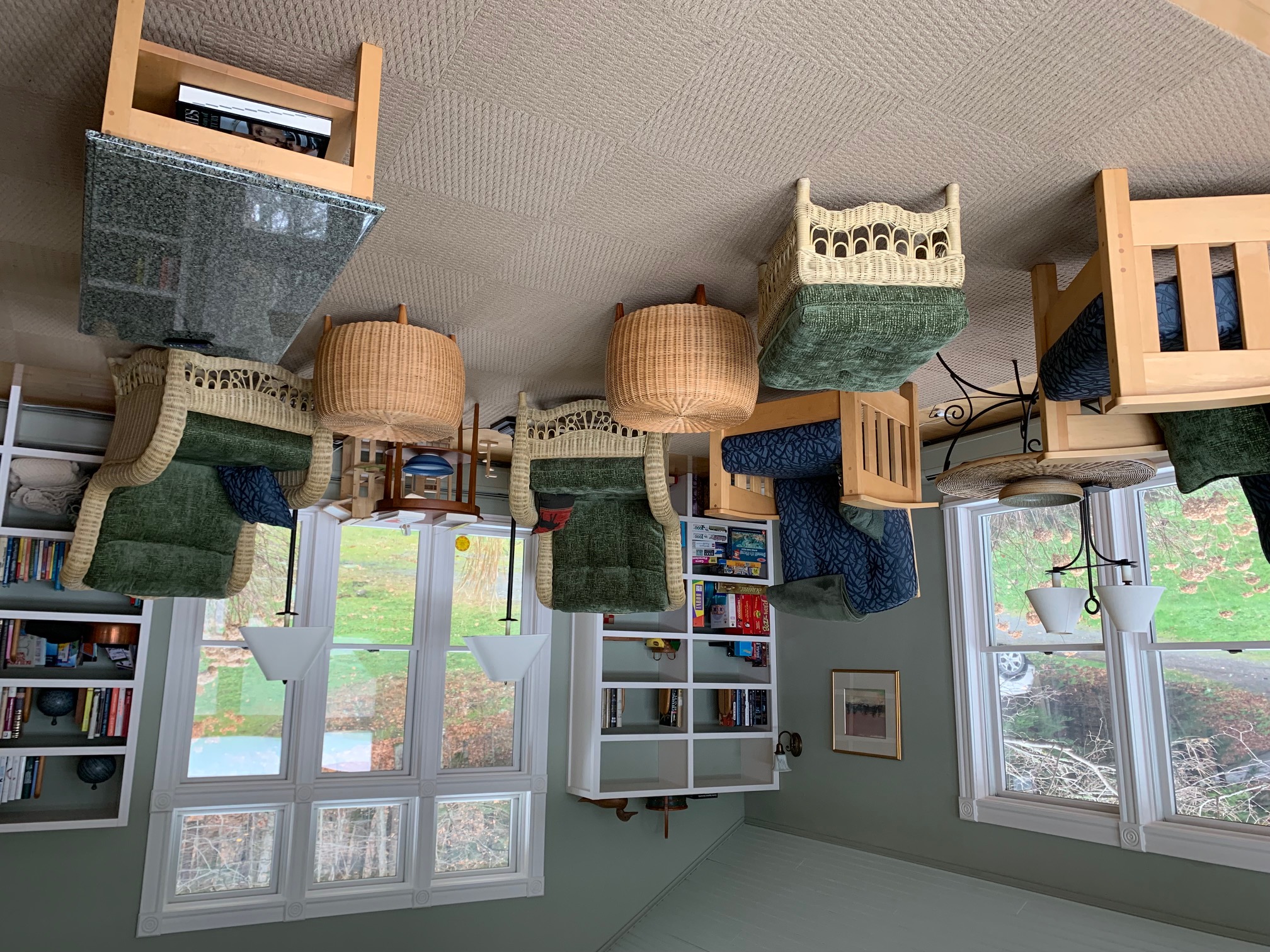 The livingroom includes seating for large groups.